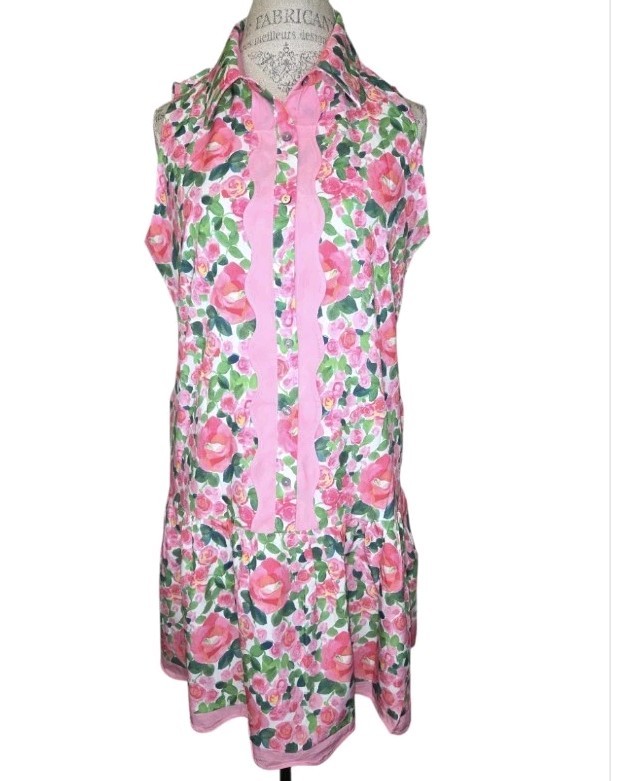 Cicy Bell Vibrant Pink Floral Drop Waist Shirt Dress Size L NEW