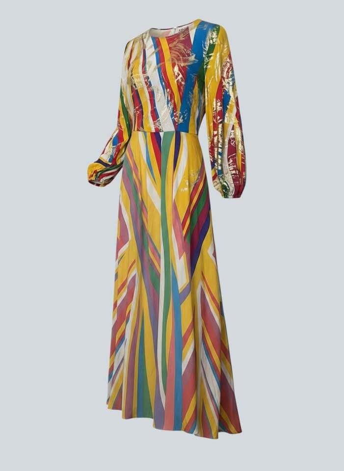 Multi-Color Abstract Print One-Piece with Leotard Top and Long Skirt in Back