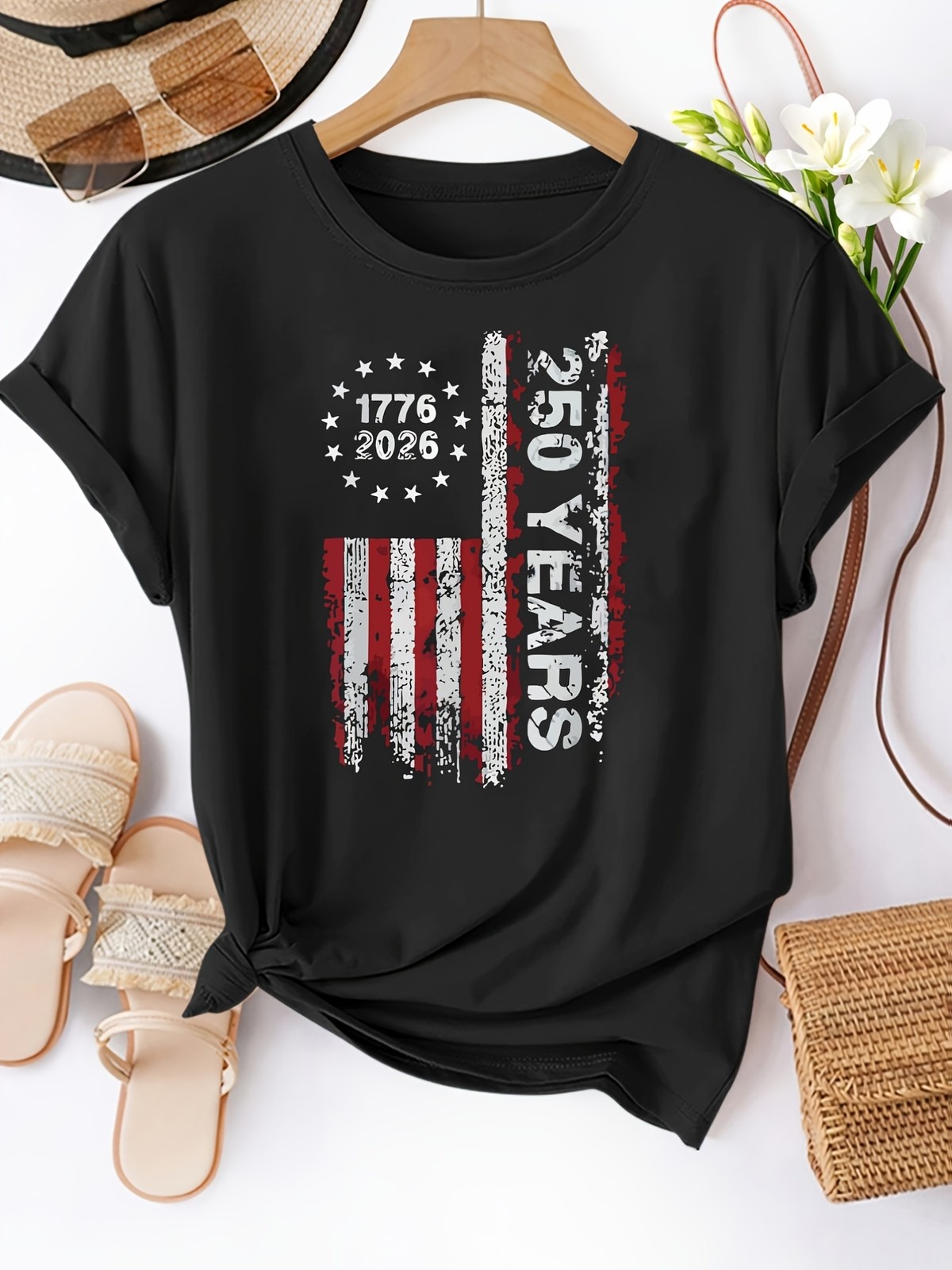 Women 1776 American Flag 250 Years Celebration Short Sleeve Round Neck T-shirt ❀