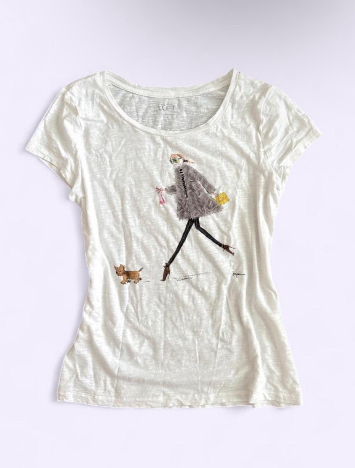 Loft White Girl walking a dog Graphic Applique T Shirt 100% Cotton Cute Twee