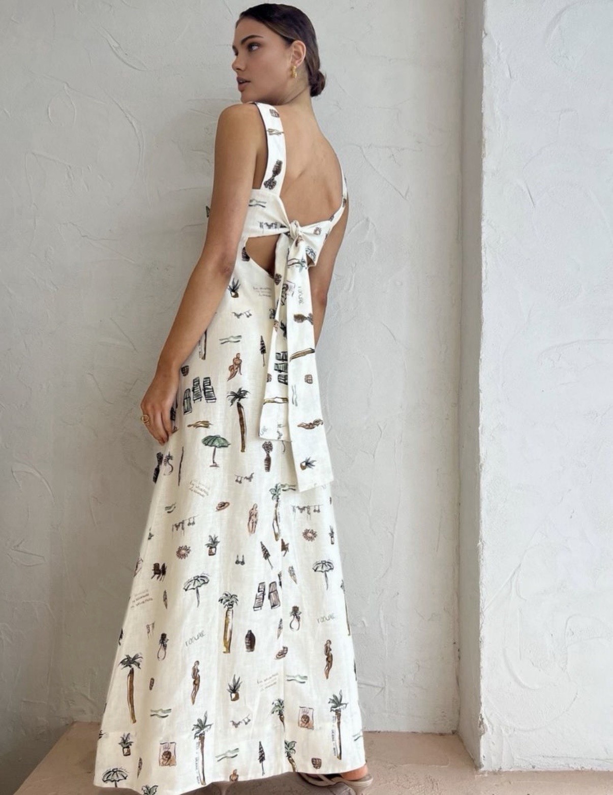 BNWT Commense Tropical Print Tie-Back Off-White Long Dress Sx M
