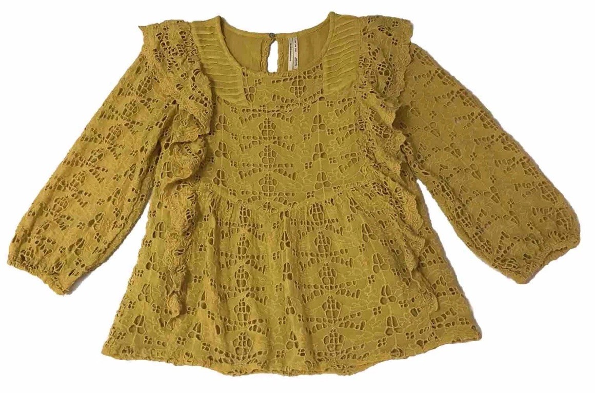 Anthropologie Clementine Eyelet Blouse 2 Small Yellow Peasant Festival Ruffles