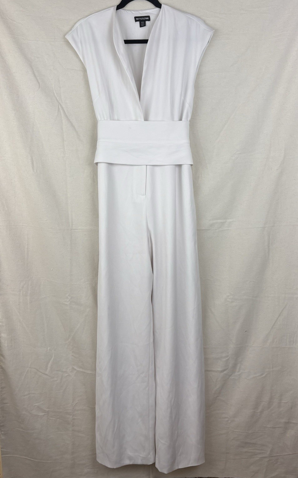 PrettyLittleThing White Deep V-Neck Wide-Leg Jumpsuit US 10 Tie Pockets Zip