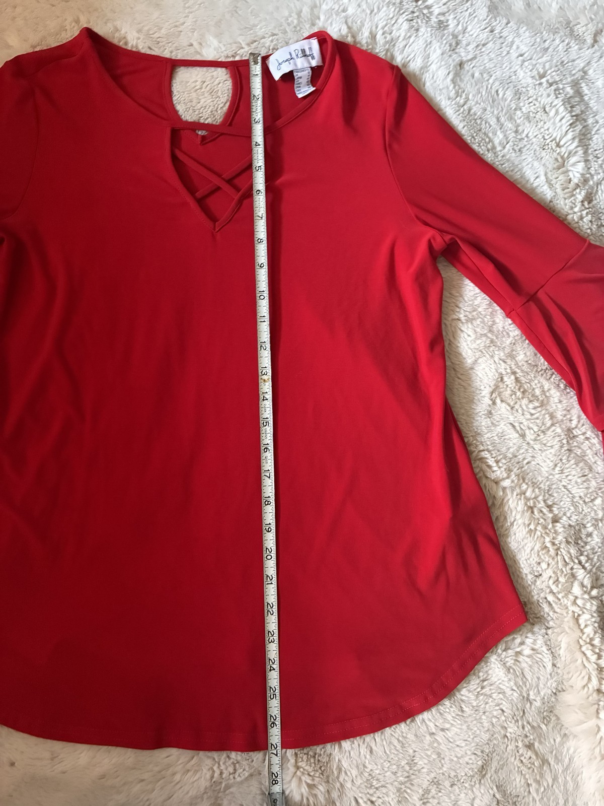 Joseph Ribkoff Women’s Size 12 Red Peekaboo Criss-Cross V-Neck Flute Sleeve Top
