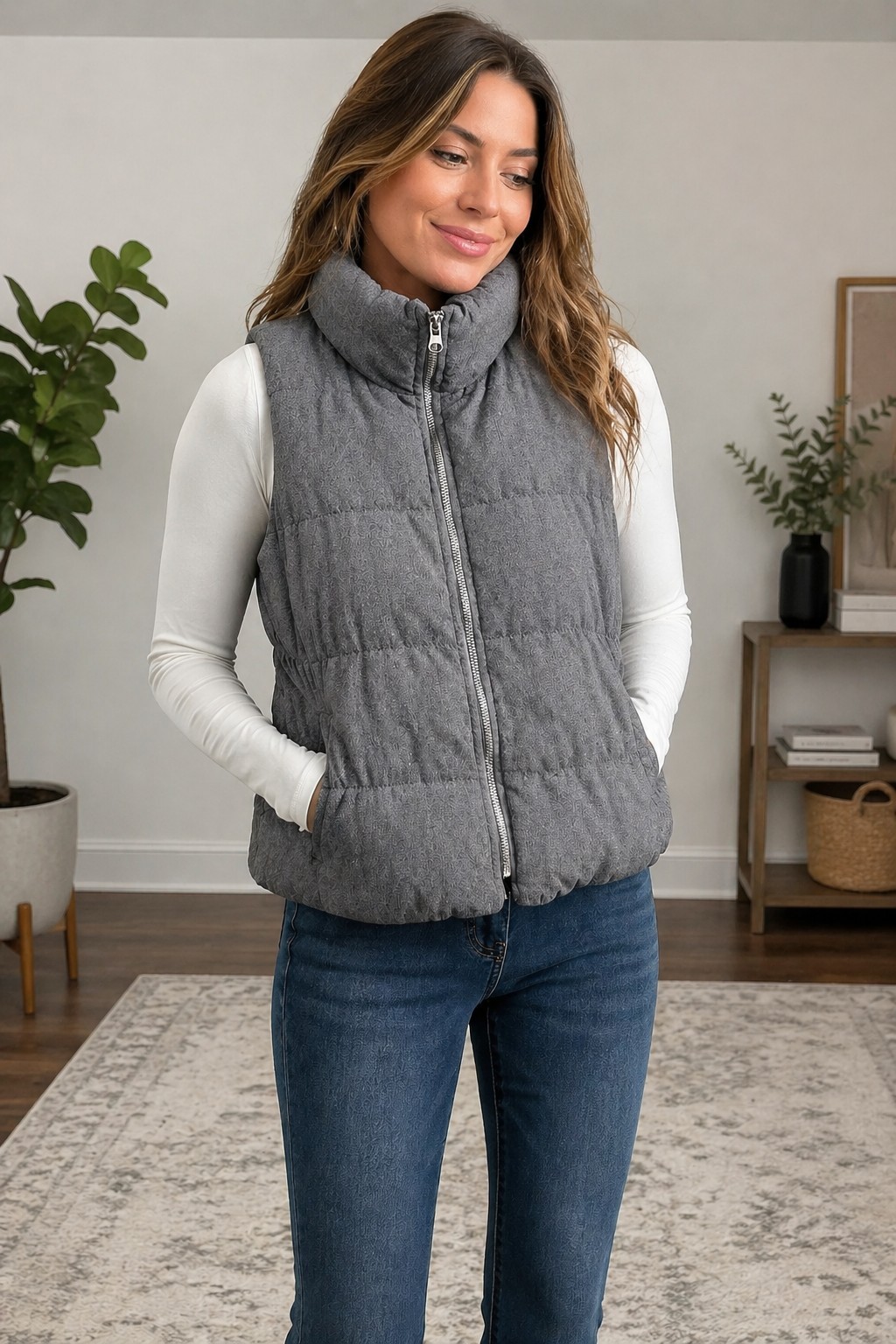 Old Navy Frost Free Heather Gray Fleece Lined Puffer Vest Size Large Outdoor