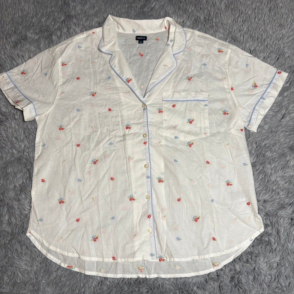 GAP Body Floral Embroidered Pajama Set White Cotton Womens Large Lounge Comfy