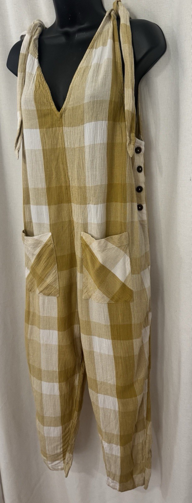 Free People Women’s Jumpsuit Size Med Yellow green Plaid Tie Shoulders Pocket