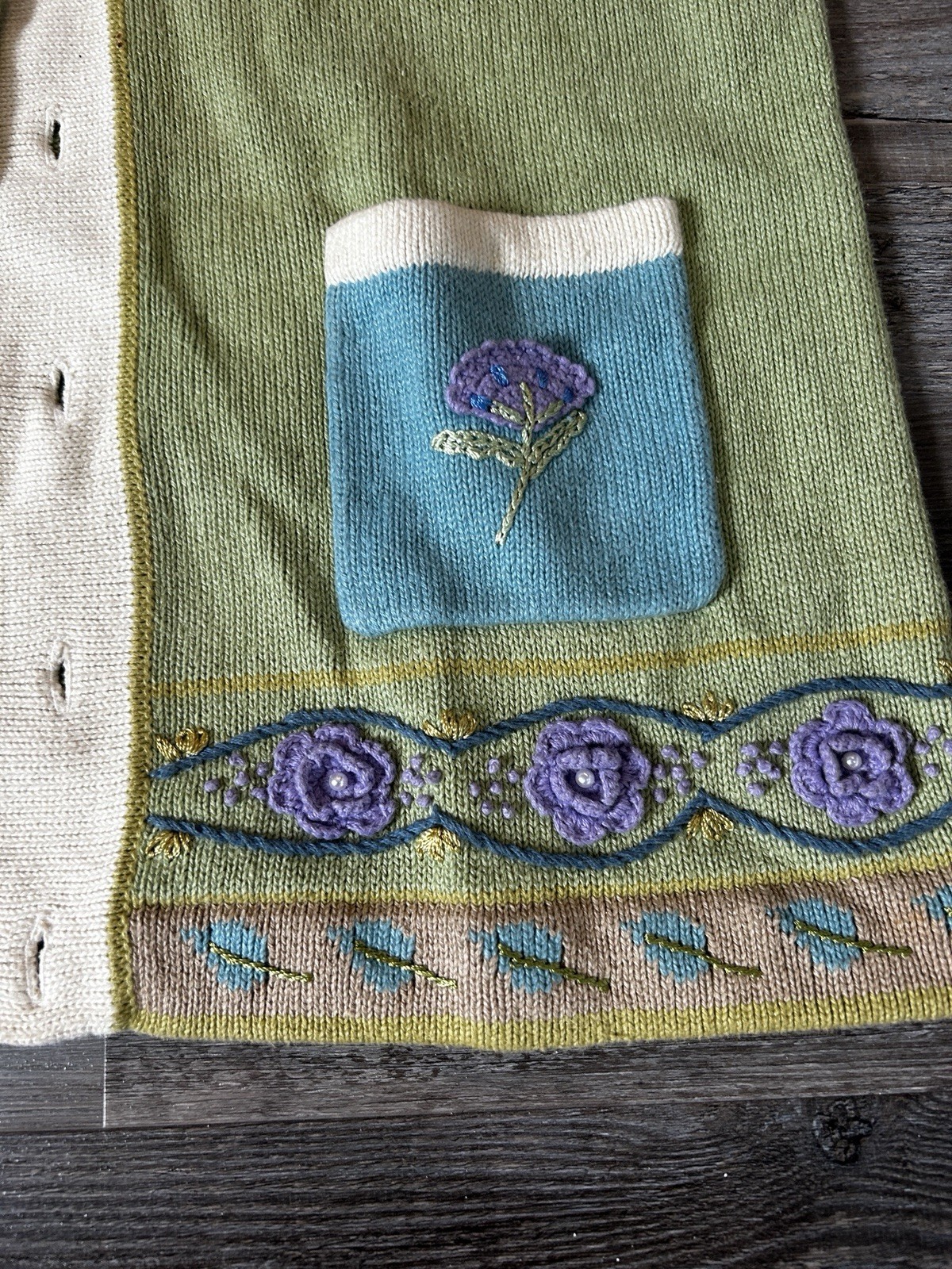 Green/Blue Floral Embroidered Button Front Collared Knit Cardigan Pockets