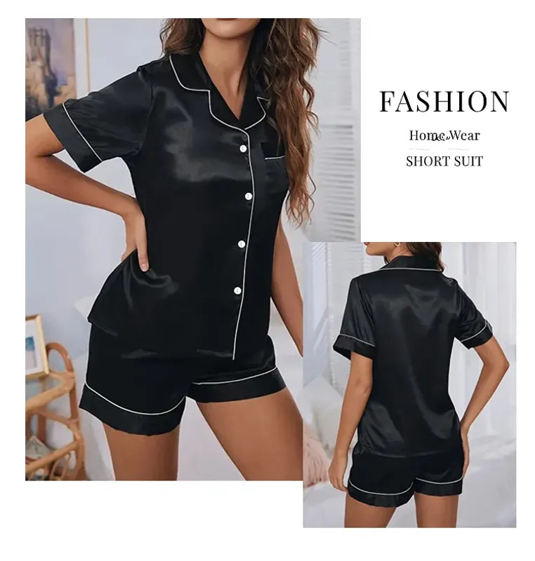 Women’s Pajamas Set Satin Sleepwear Button Down Tops and Shorts Pajama 2