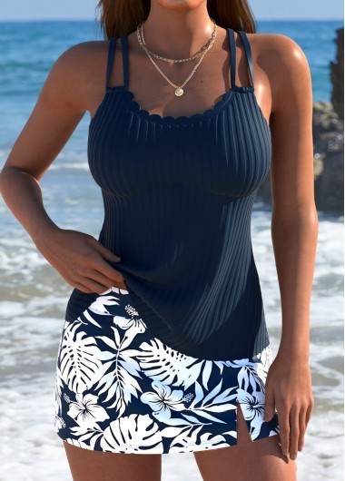 Women’s MODLILY Mid Waisted Tropical Plants Print Navy Tankini Set