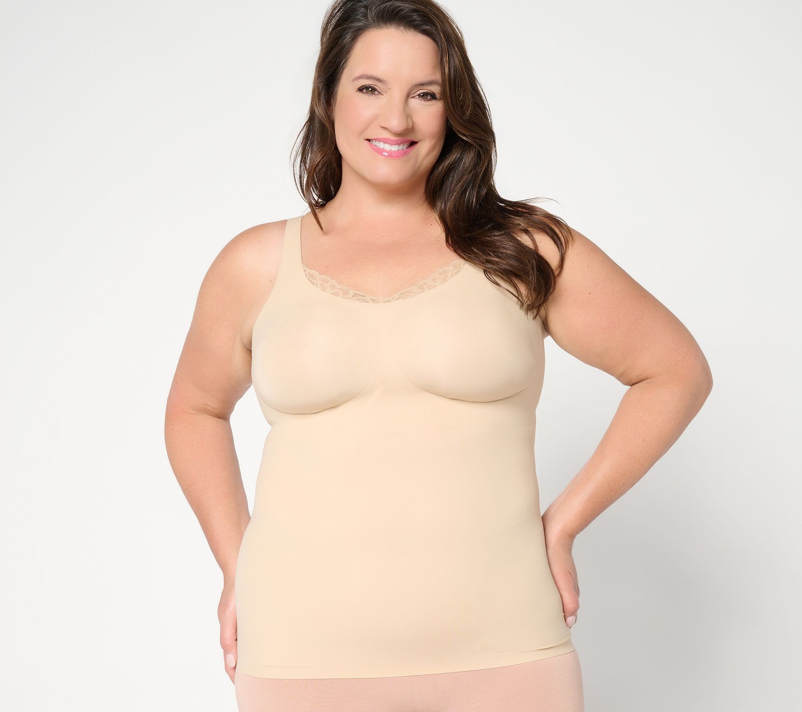 Evelyn & Bobbie Lace Trimmed V-Neck Seamless Bra Cami Sand L New