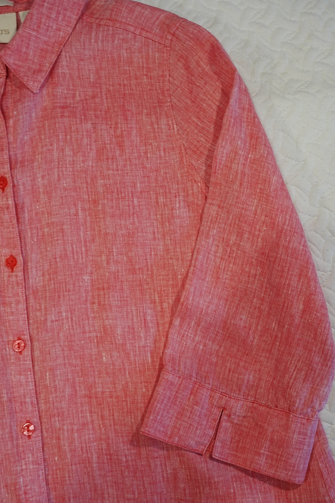 Chico’s 1 Medium 100% Linen No Iron Button Front Tunic Shirt Pink Coral