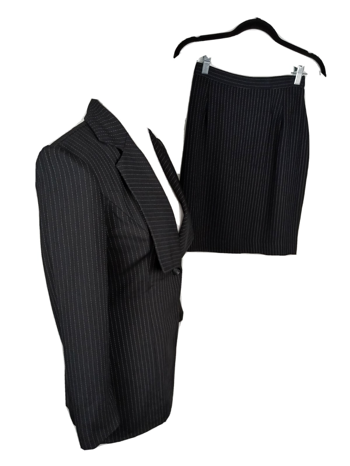 Taga Wms Sz 4 Jacket 6 Pants Black Striped Poly Blend Skirt Suit B60