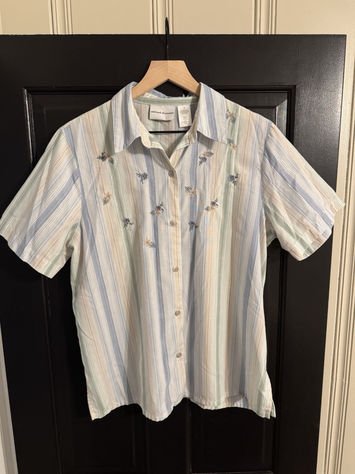 Alfred Dunner Women’s Blue/Green/White Striped Embroidered Button-Up SS 12