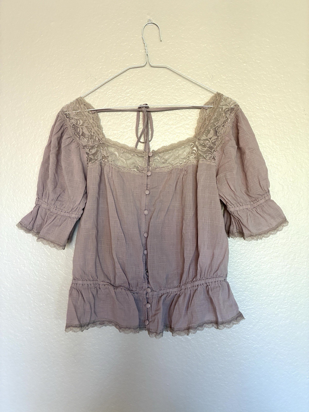Listicle 100% Cotton Lace-Trim Puff Sleeve Blouse Mauve Cottagecore Coquette