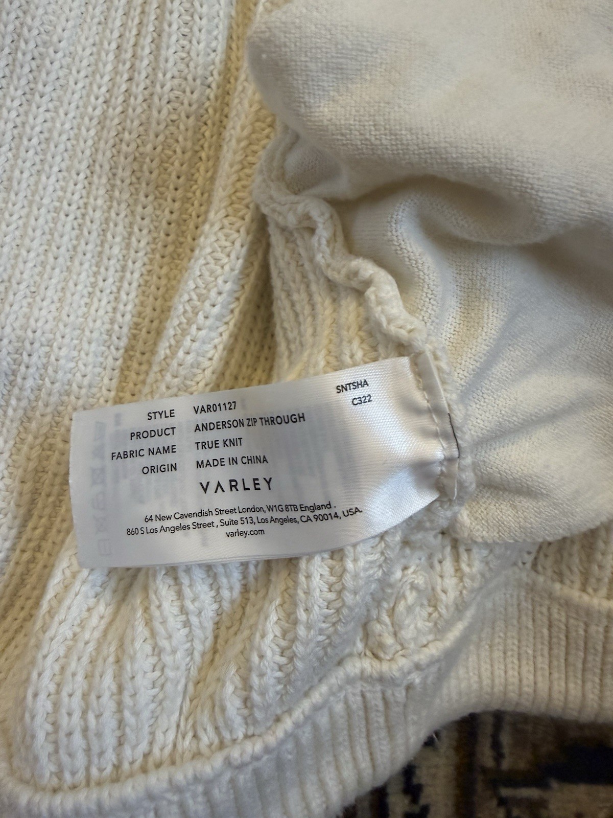 Varley Anderson Zip Through True Whiye Knit Size Med