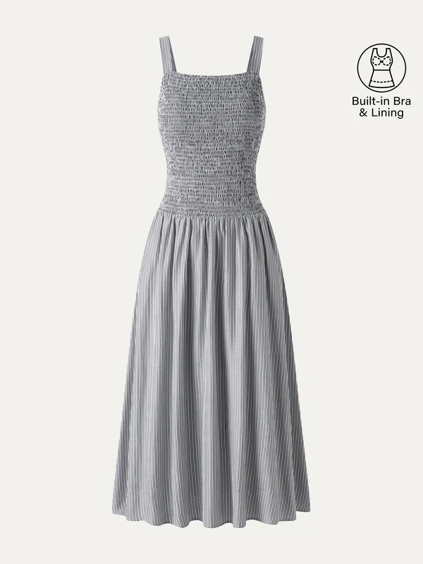 OGL Striped Poplin Square Neck Smocked Midi Bra Dress – New – Free SHIPPING!!!