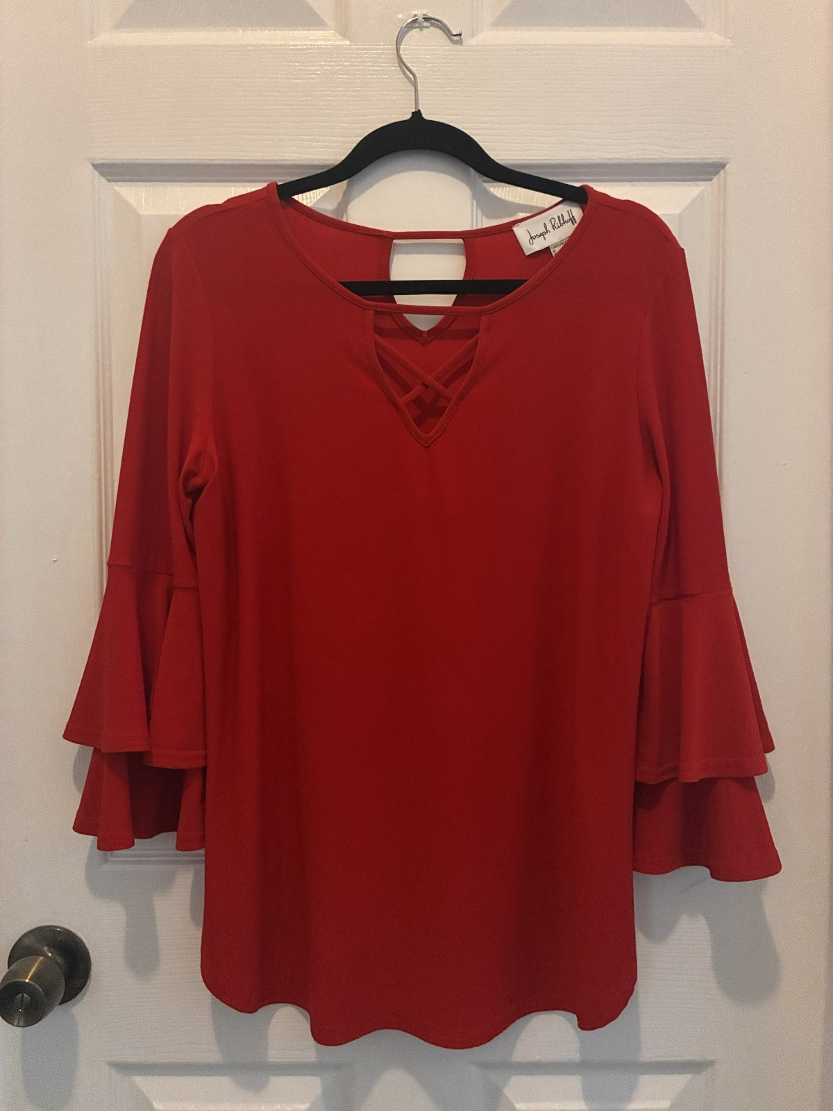 Joseph Ribkoff Women’s Size 12 Red Peekaboo Criss-Cross V-Neck Flute Sleeve Top
