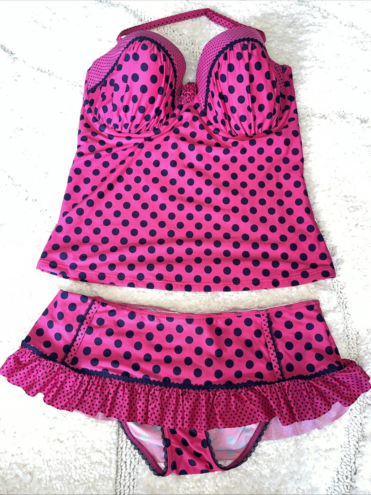 Ladies Floozie Frost French Navy Blue & Pink Spot Bikini Tankini 14 16 DD E
