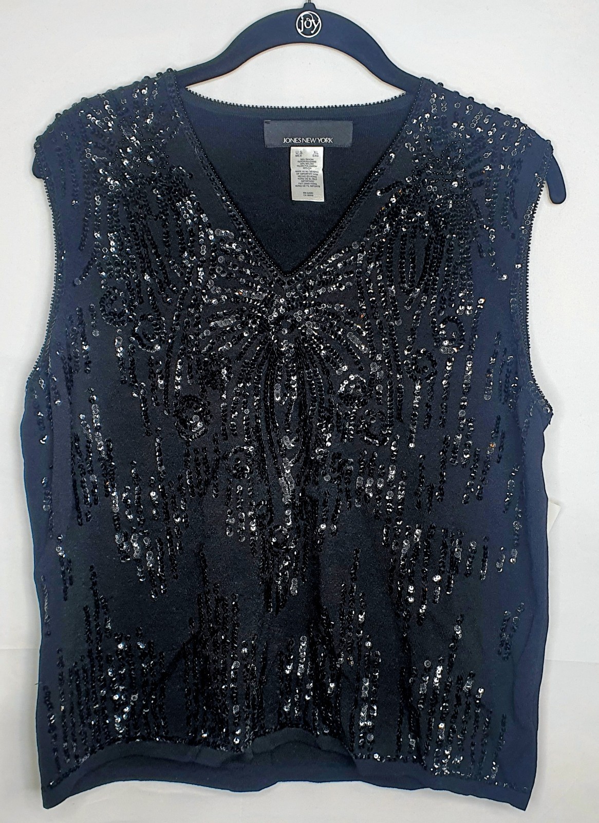 JNY Bling Top Women’s XL Black Blended Fabric Sequin Beaded Sleeveless V-Neck