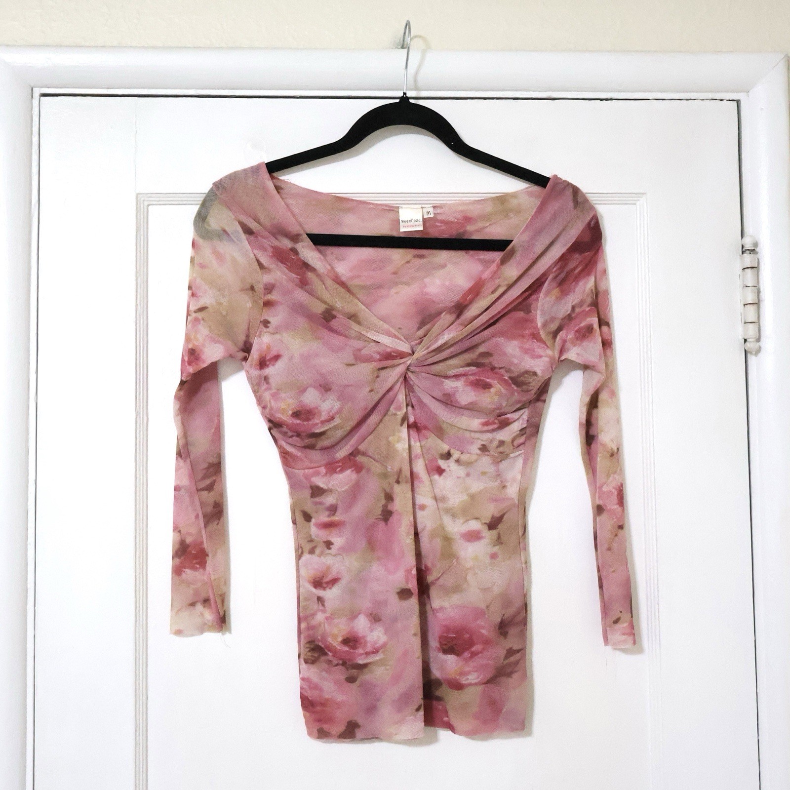 Vintage Sweet Pea Stacy Frati Mesh Pink Rosette Off The Shoulder Top S 90s Y2K