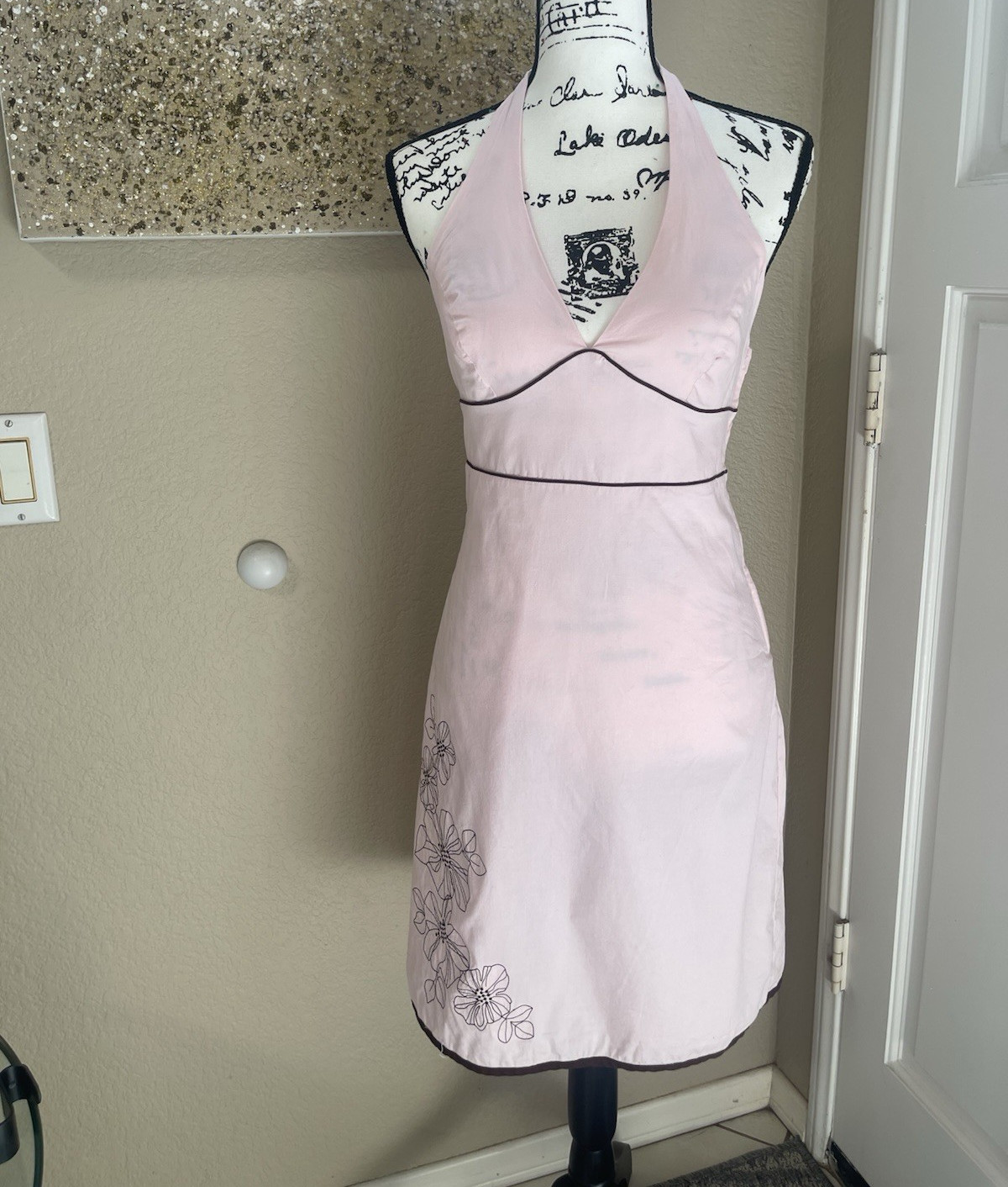 Xhilaration Pink Halter Satin Floral Embroidered Smocked Sheath Dress 11