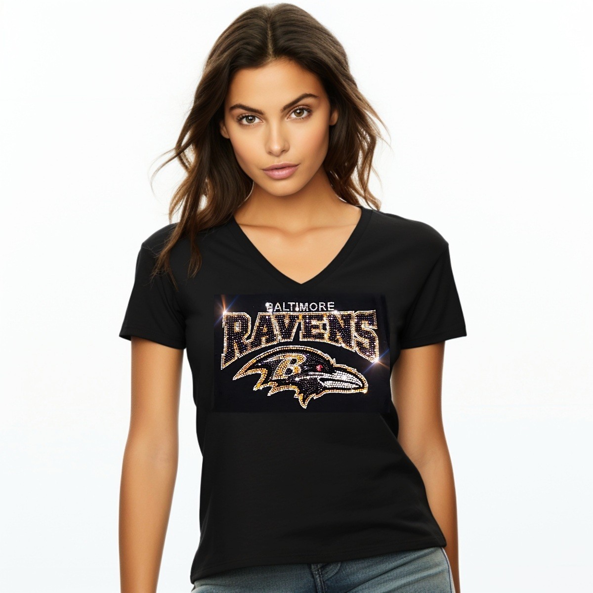 New Baltimore Ravens Rhinestone Relaxed fit Womens Sizing VNeck T-shirt S – 4X
