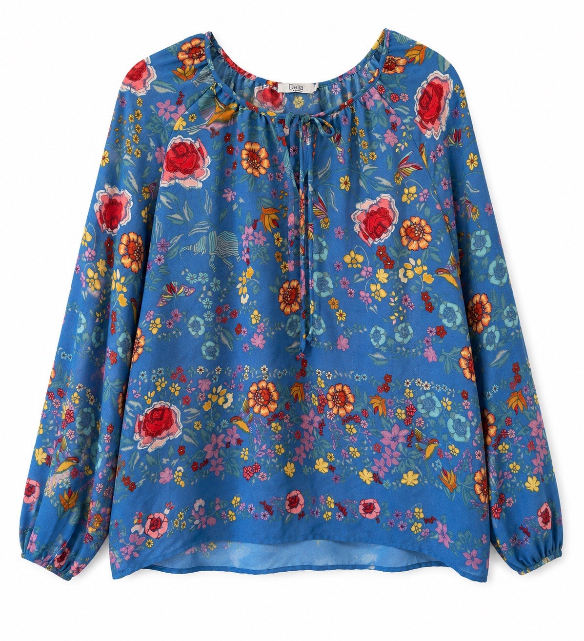 Dalia Women’s Blue Floral Long Sleeve Peasant Blouse Tie Neck Boho Top Size L