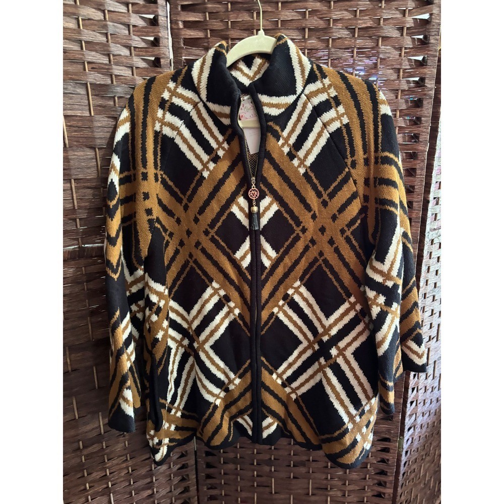 Anne Klein Geometric Knit Cardigan Sweater Zip Front L