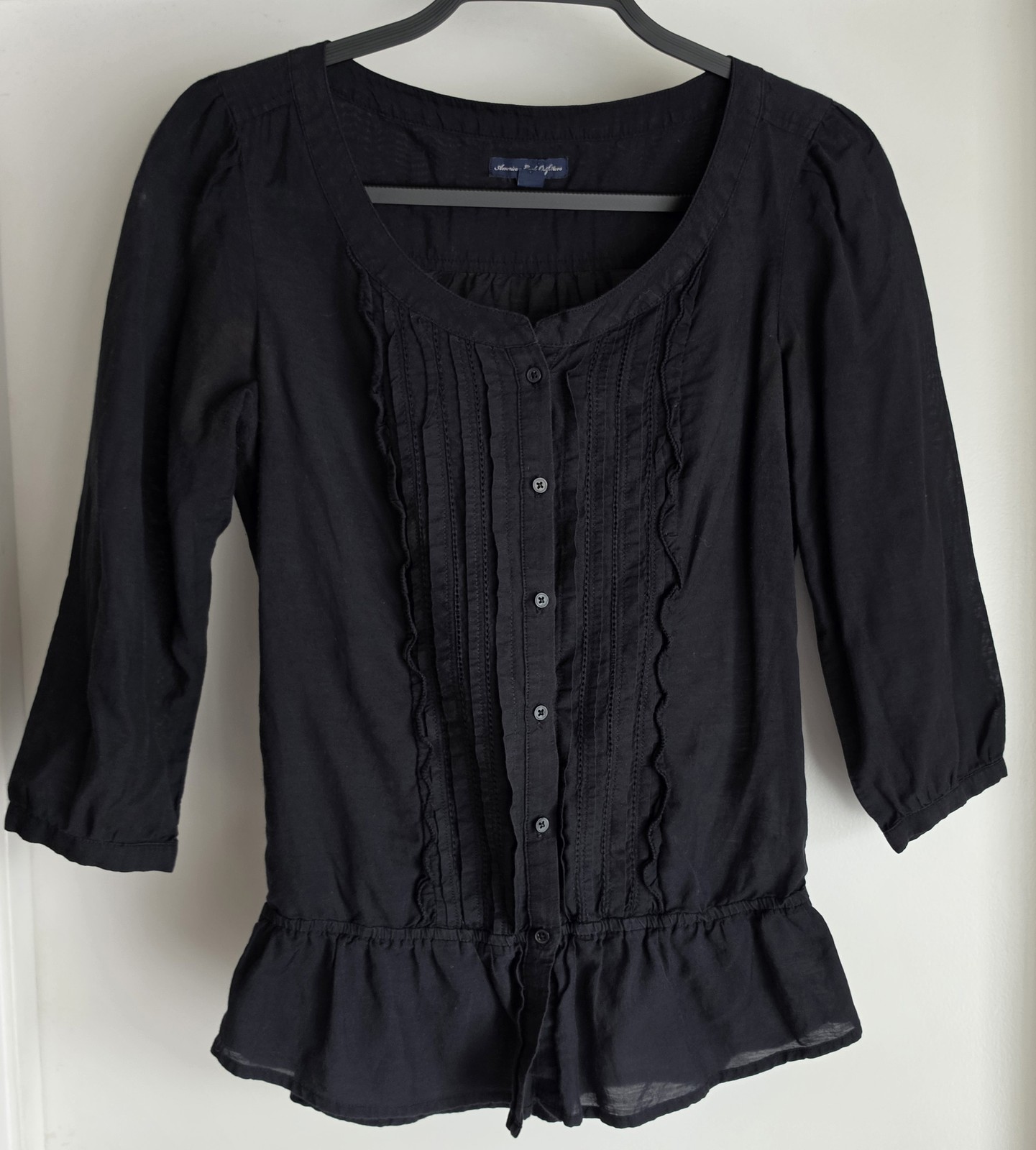 American Eagle Outfitters Blouse XS Black Long Sleeve Scoop Neck Boho Top Lace