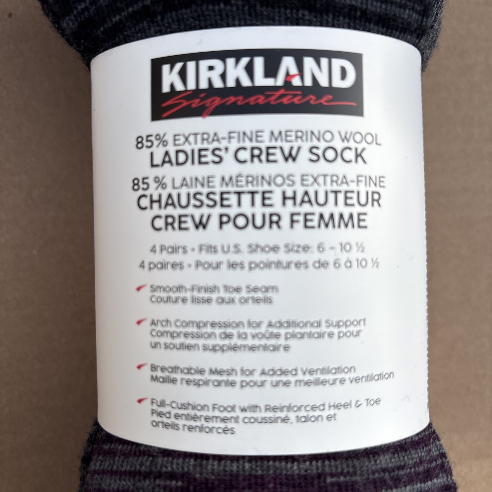4 Pairs Kirkland Signature Women Ladies Extra Fine Merino Wool Blend Crew Socks
