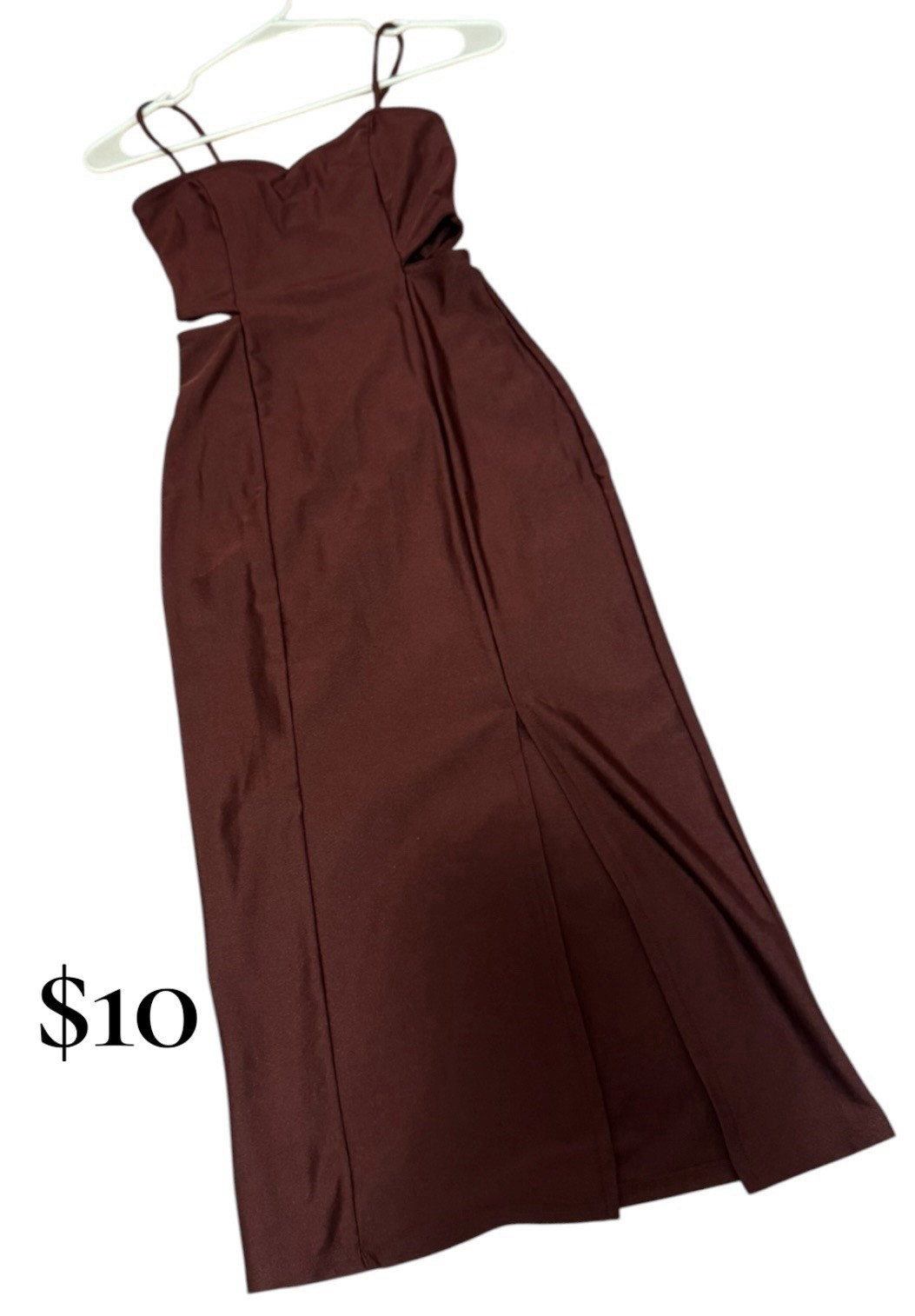 Brown Solid Spaghetti Strap Square Neck Maxi Dress, Sleeveless, Size S