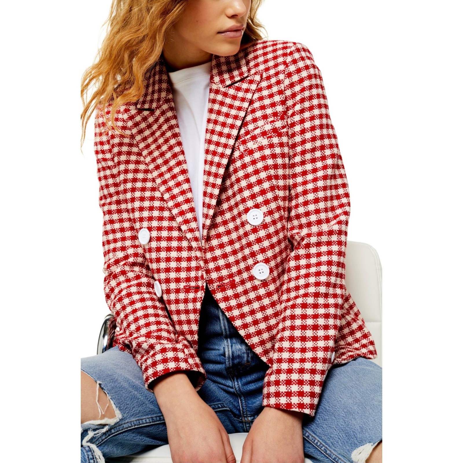 Topshop Red White Gingham Tweed Double Breasted Blazer Jacket US 10 RN125149