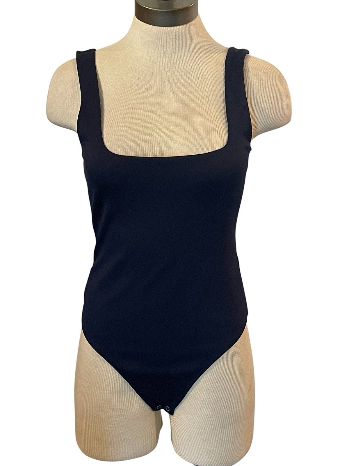 GOOD AMERICAN Sculpting Large Ink Blue Stretch Square Neck Tank Body Suit EUC