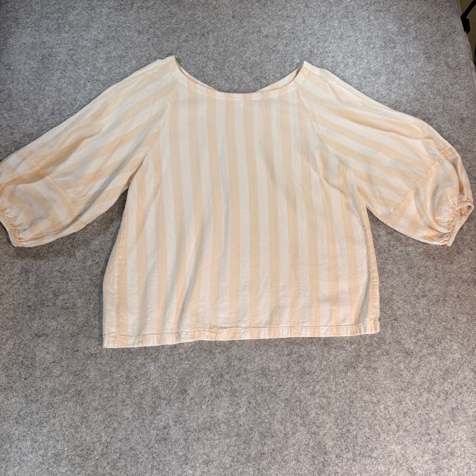 LOFT Linen Blend Striped Balloon Sleeve Blouse Women’s Large Cream Beige
