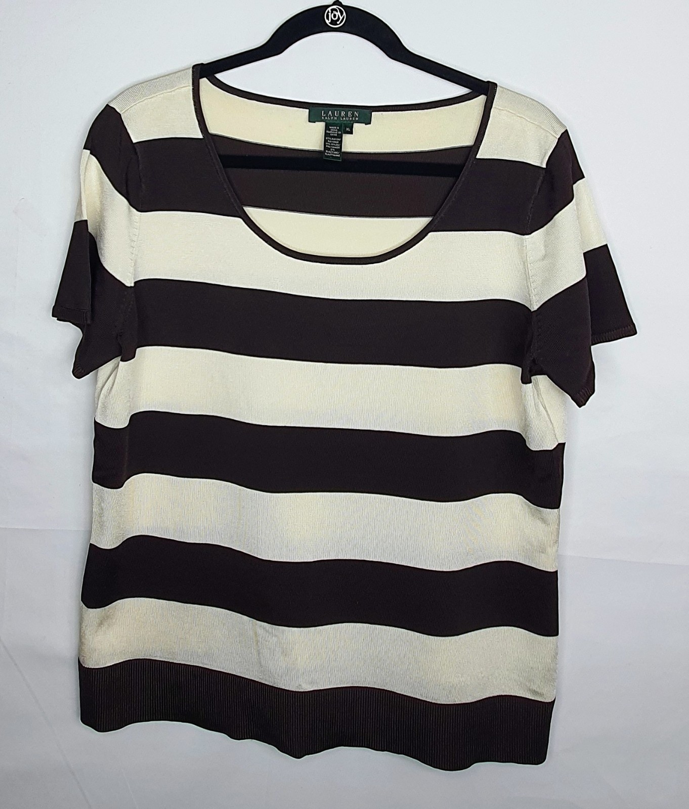 Lauren T-shirt Women’s XL Blk & Cream Striped Blended Fabric Scoop Neck Vintage