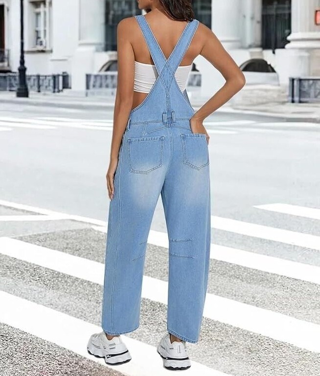 Women Casual Loose Baggy Jeans Pants Sleeveless Bib Jumpers with Pockets Barrel