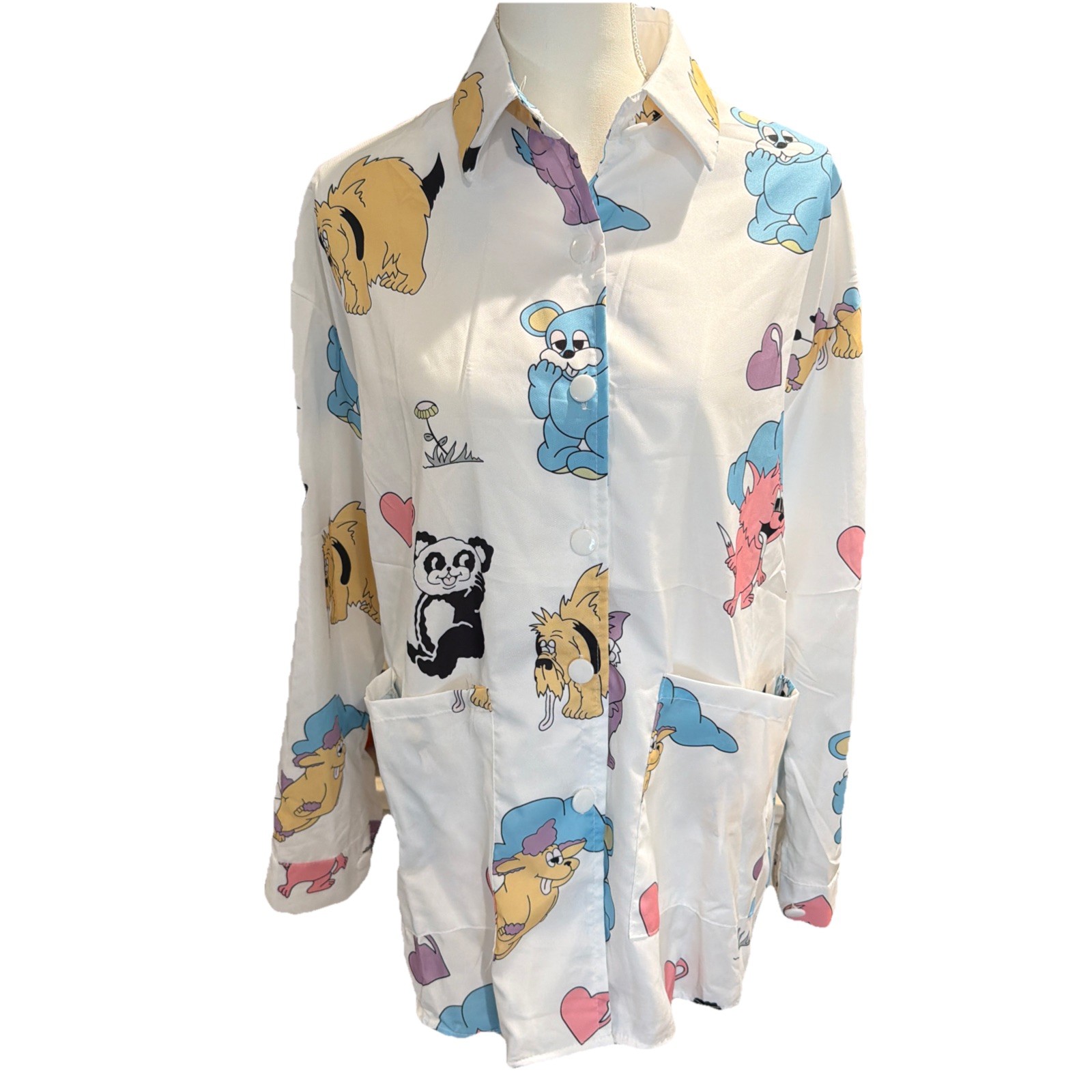 Fashion Gossip “Lazy Oaf” Print Y2K Shirt Cartoon Animals. Blue Yellow Pink XL