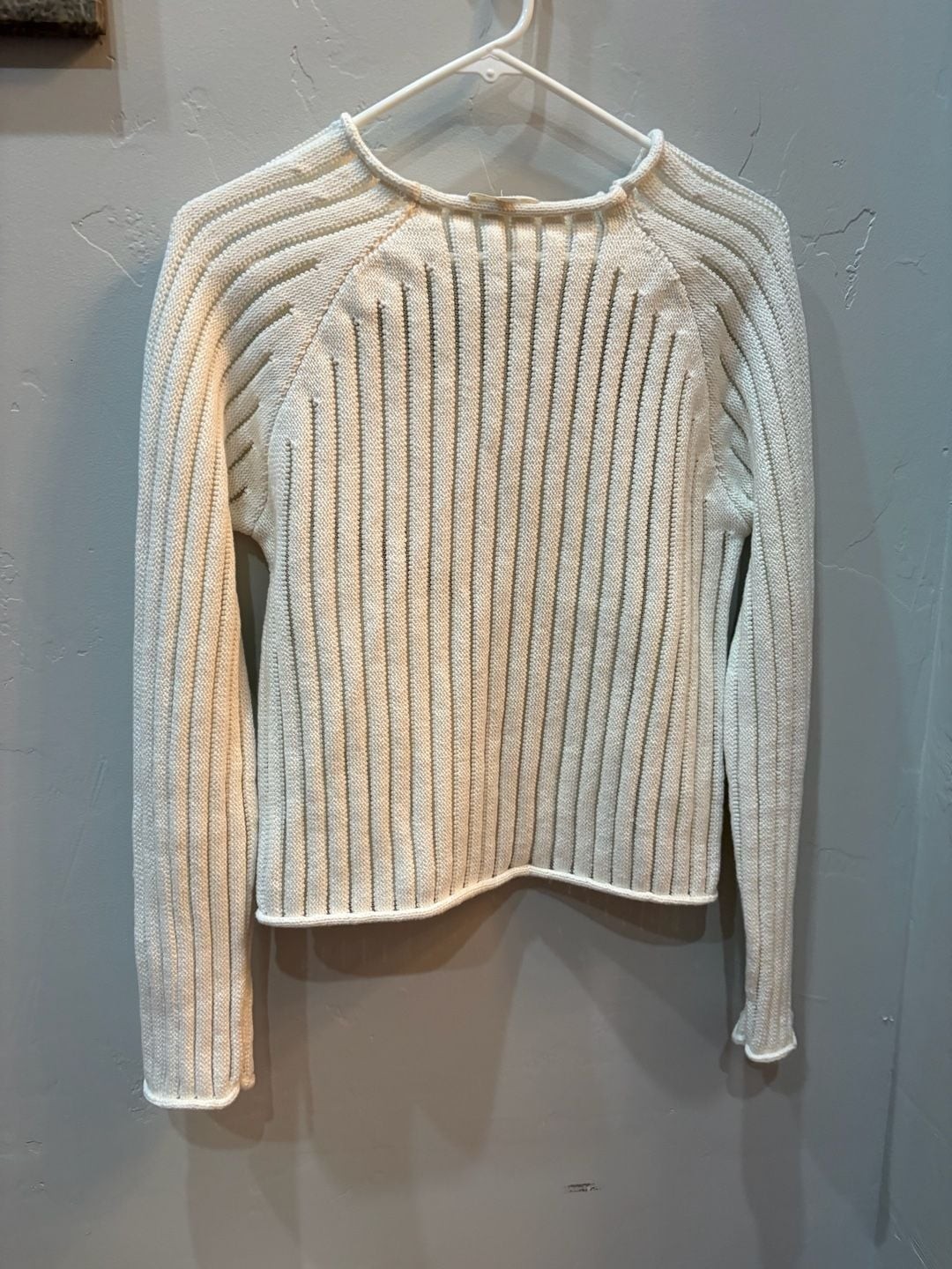 Bohme Women’s Cream Open Rib-Knit Crewneck Long Sleeve Sweater