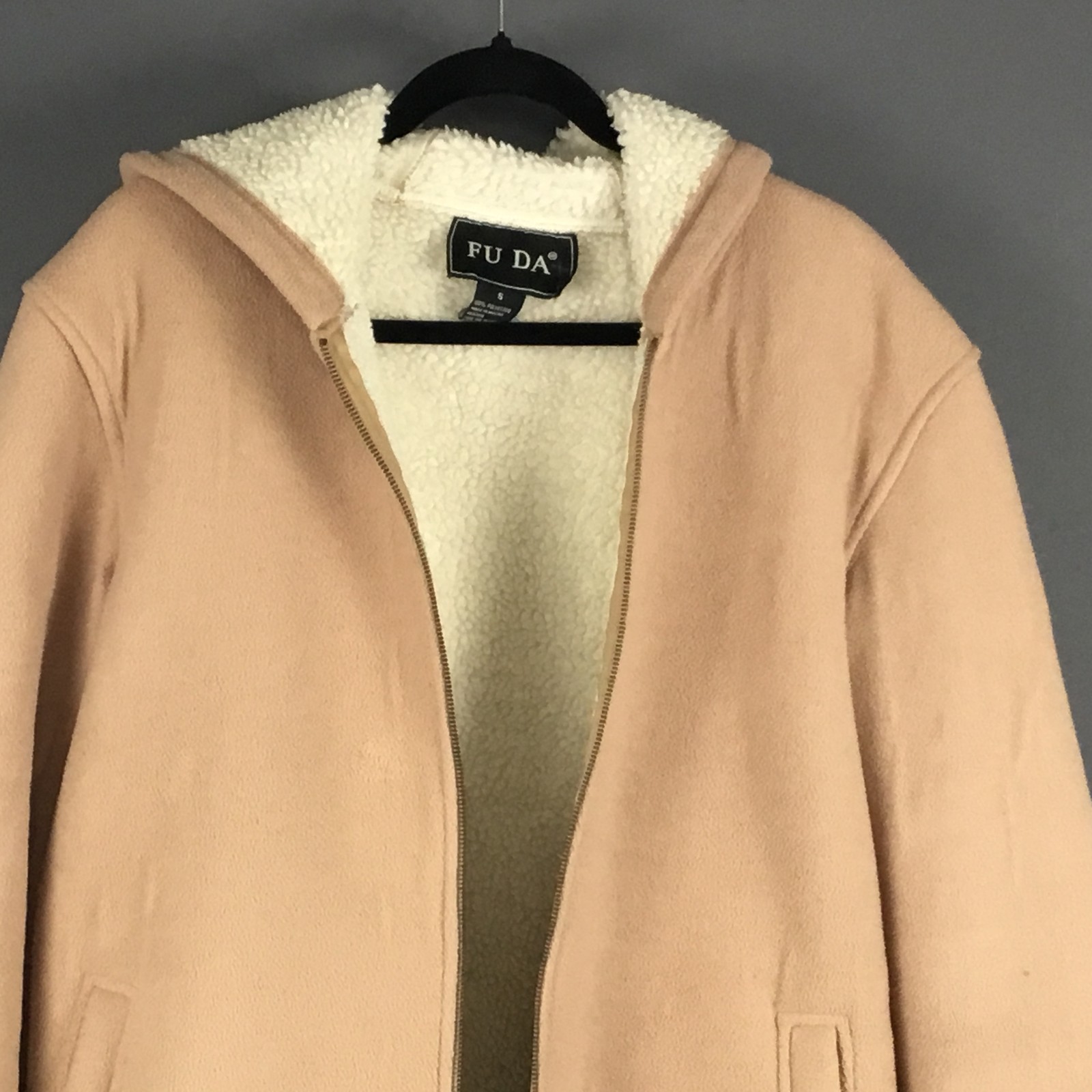 FU DA Women’s Hooded Sherpa Lined Jacket Size S Tan Full Zip Pockets Easy Care