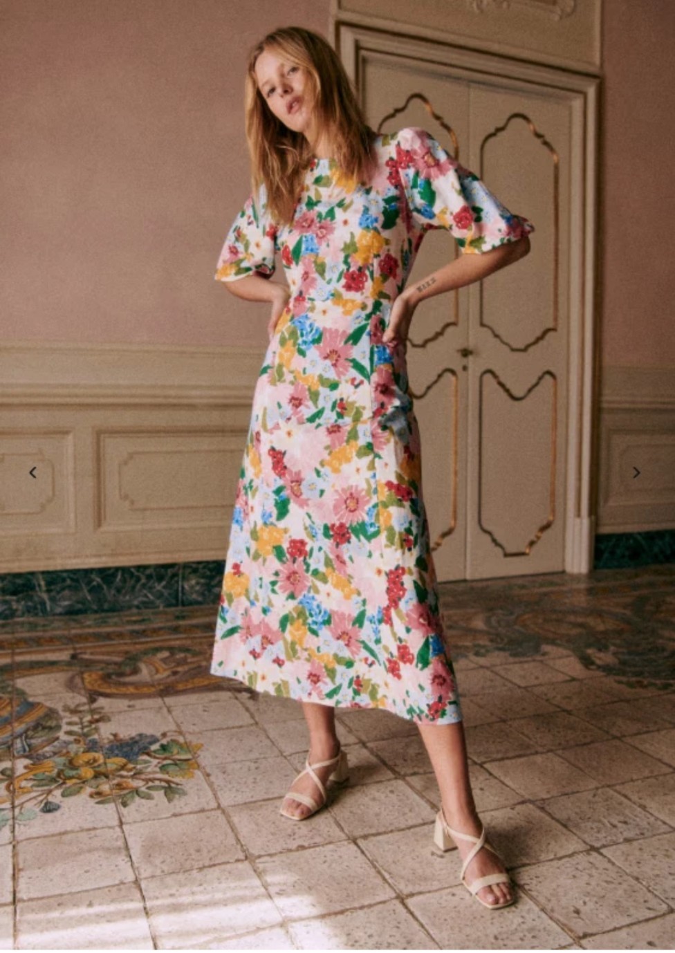 Sezane Jiana Dress Linen Blend Italy Floral Open Back Puff Sleeve Midi