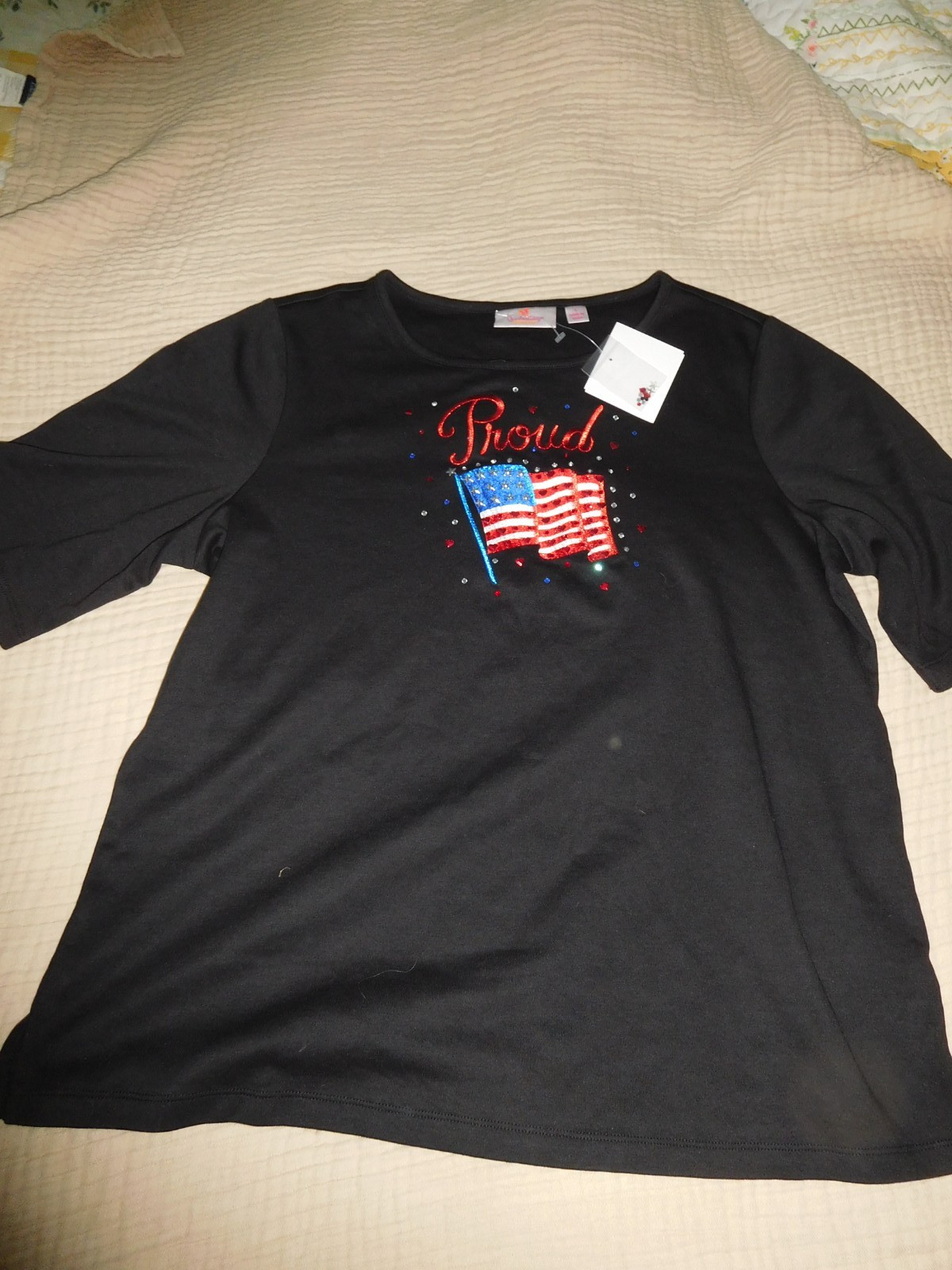 Quacker Factory “PROUD” Americana Elbow Length Shirt Size L – BLACK – NWT