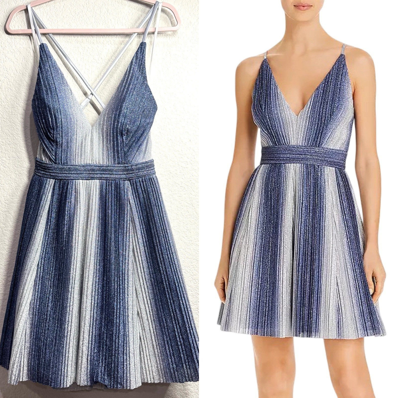 AQUA Cocktail Mini Dress Medium Metallic Gradient Ombre Spaghetti Strap V-Neck