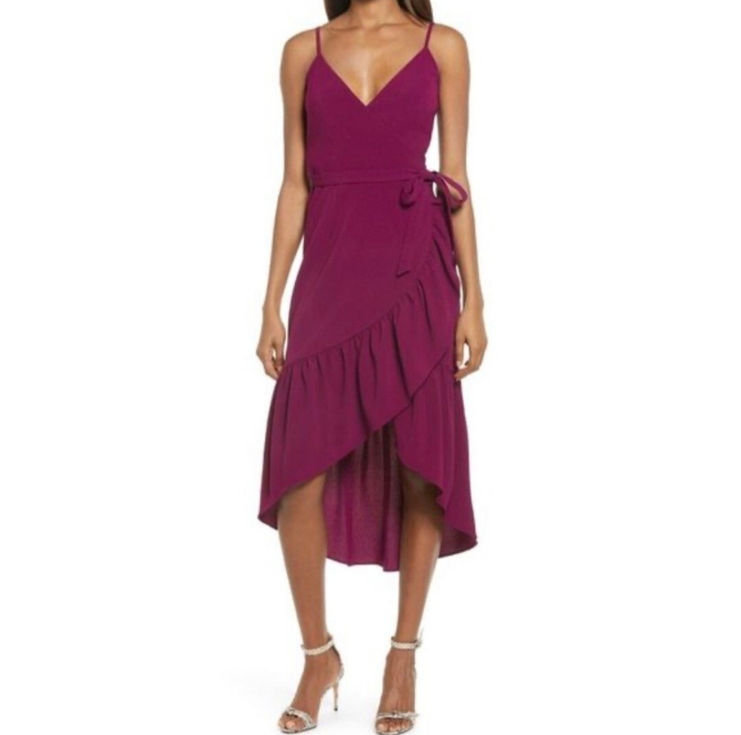 DRESS THE POPULATION Delphine Crepe Wrap Midi Dress In Dark Magenta size M