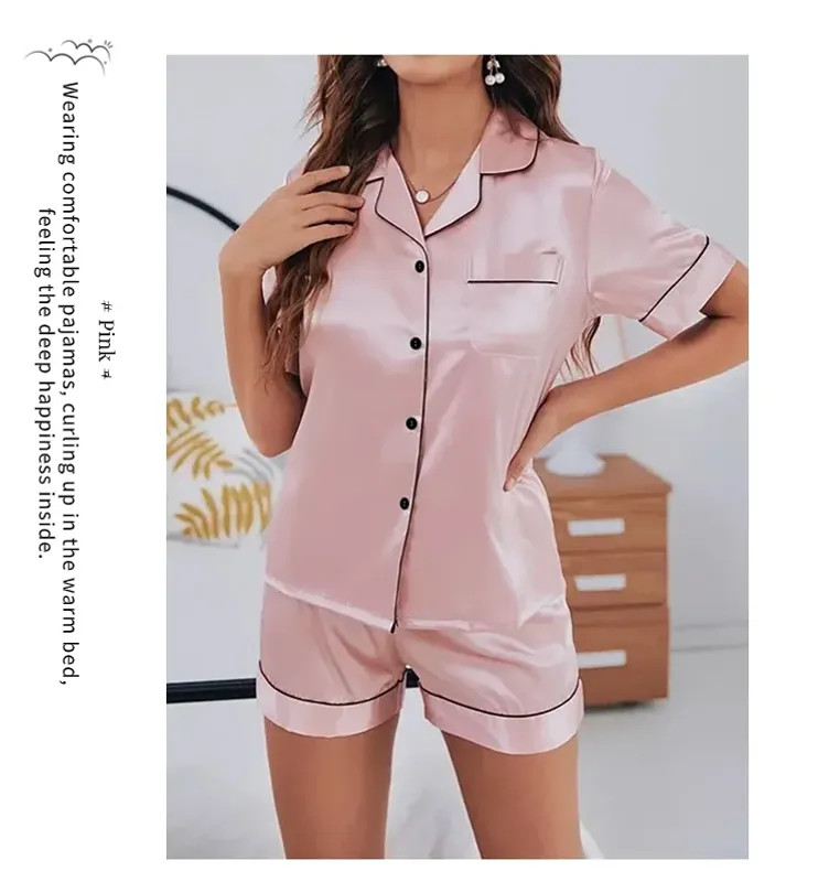 Women Silk Satin Pajama Set Button Down Top and Shorts 2 Piece Sleepwear