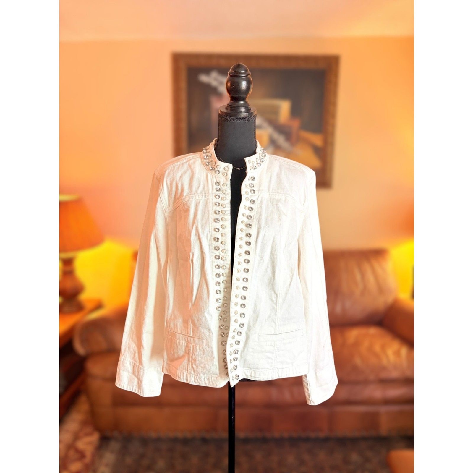 Chicos White Embellished Collar Statement Jacket