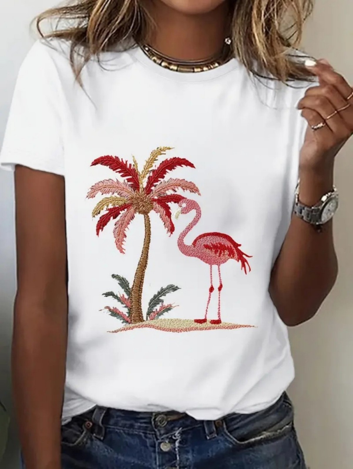 Women’s Flamingo Palm Tree Tropical Beach Graphic T-Shirt Summer Casual Tee