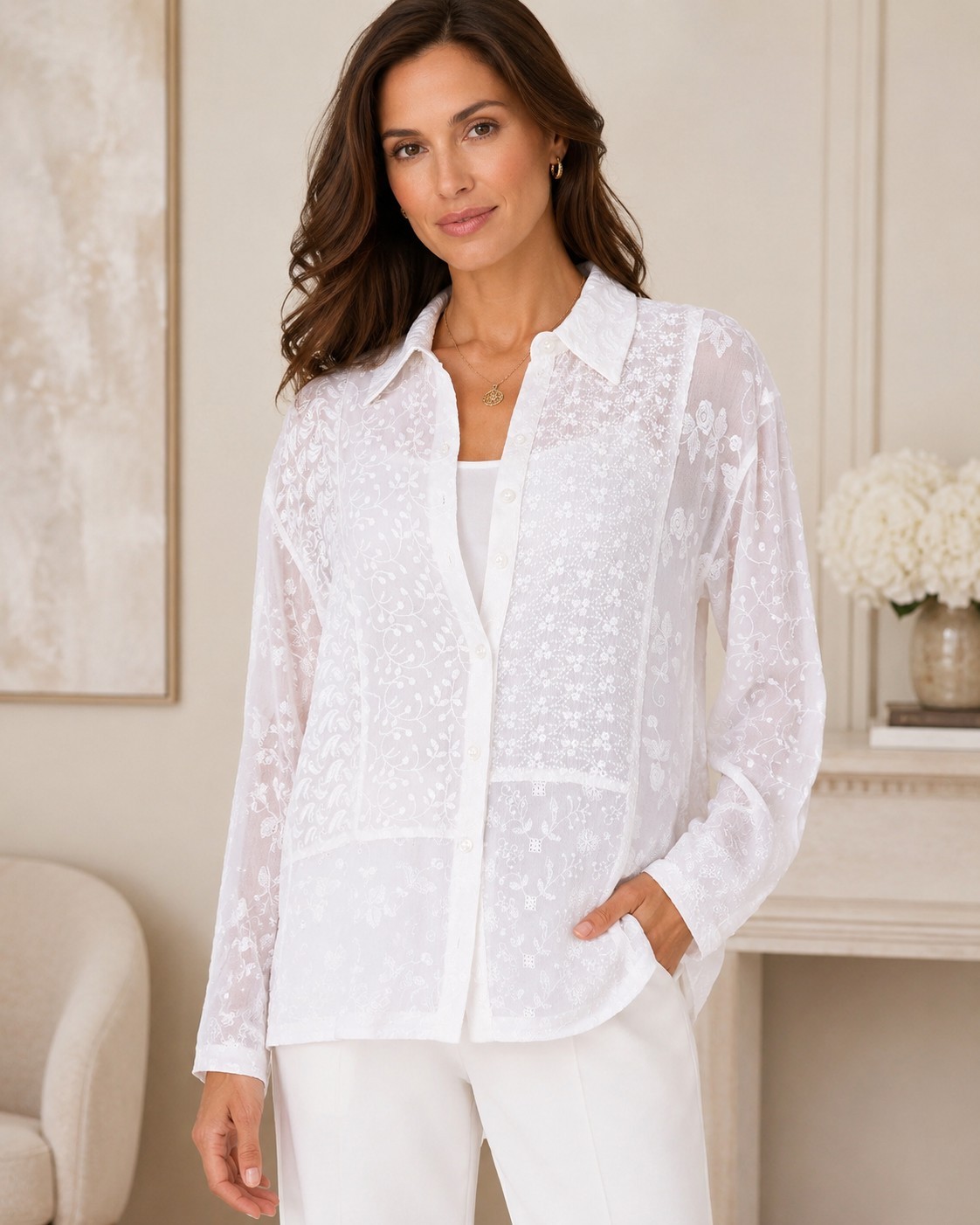 Chico’s White Sheer Floral Embroidered Lace Collared Button-Up Blouse Size 2