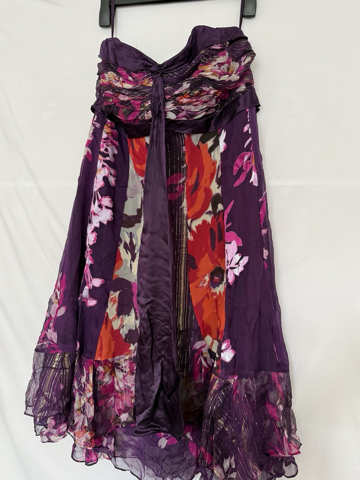 Monsoon Silk Blend Floral Strapless Tiered Maxi Dress Purple Pink Gold Size 18