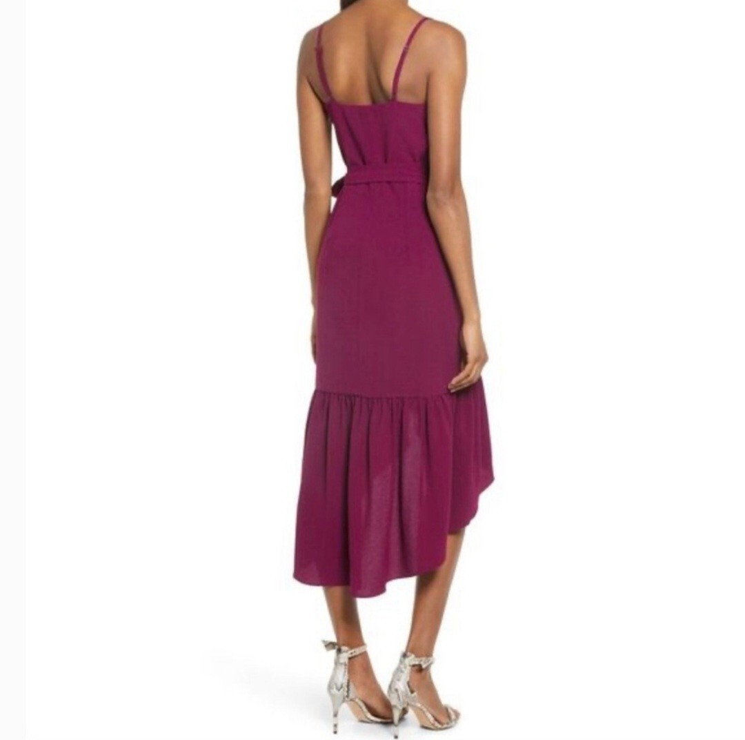 DRESS THE POPULATION Delphine Crepe Wrap Midi Dress In Dark Magenta size M